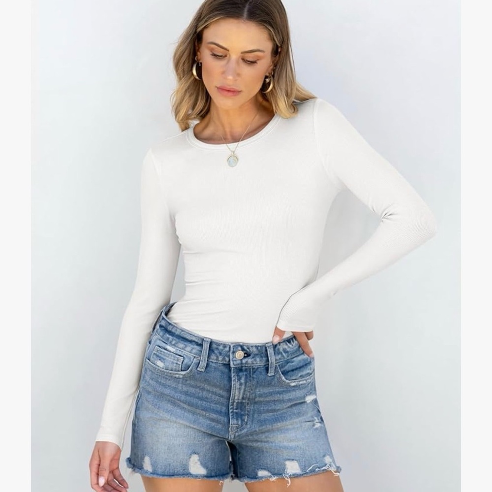 Women's Long Sleeve Ribbed Crewneck Top - White, L Stretchy